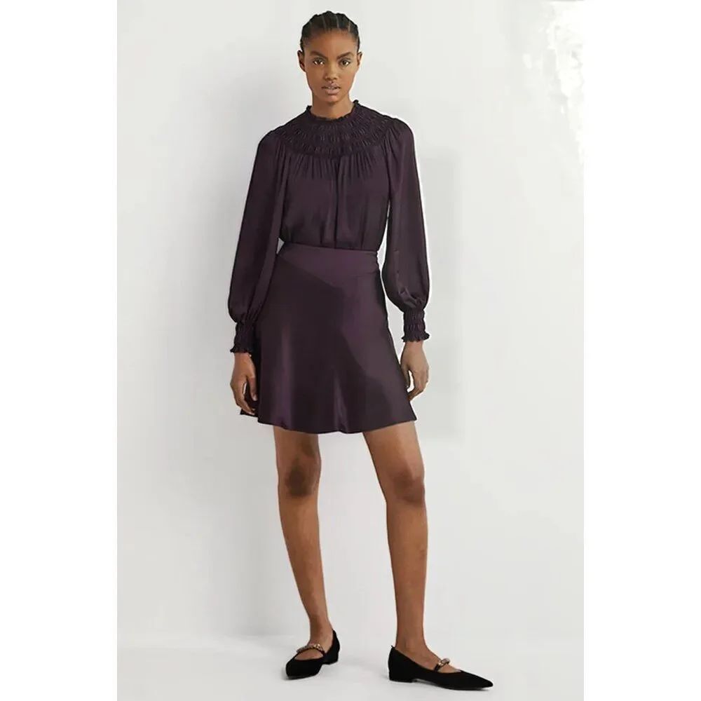 Boden Womens Bias-Cut Mini Skirt UK 14 US 10 Berry Purple Satin R0197 NWT